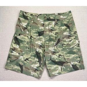 AFTCO Mens 36 Marlin Camo Fishing Cargo Shorts Green Ripstop 6 Pocket
